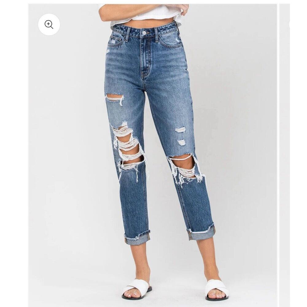 Vervet Distressed High Rise Distressed Mom Fit Ankle Jean  25x26 Blue